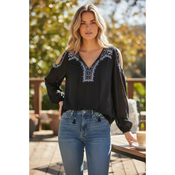 White House Black Market Tops - White House Black Market Size 12 Black Embroidered Boho Blouse Sheer Sleeve Top